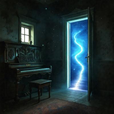 The primary subject of the image is a doorway with a blue light coming out of it, creating a unique and captivating visual effect. The doorway is situated in a room with a piano and a chair nearby. The setting appears to be a dark room, possibly a music room or a living space. The visual style of the image is a combination of digital art and illustration, giving it a surreal and artistic appearance. The dominant colors in the image are blue and black, with the blue light adding a sense of mystery and